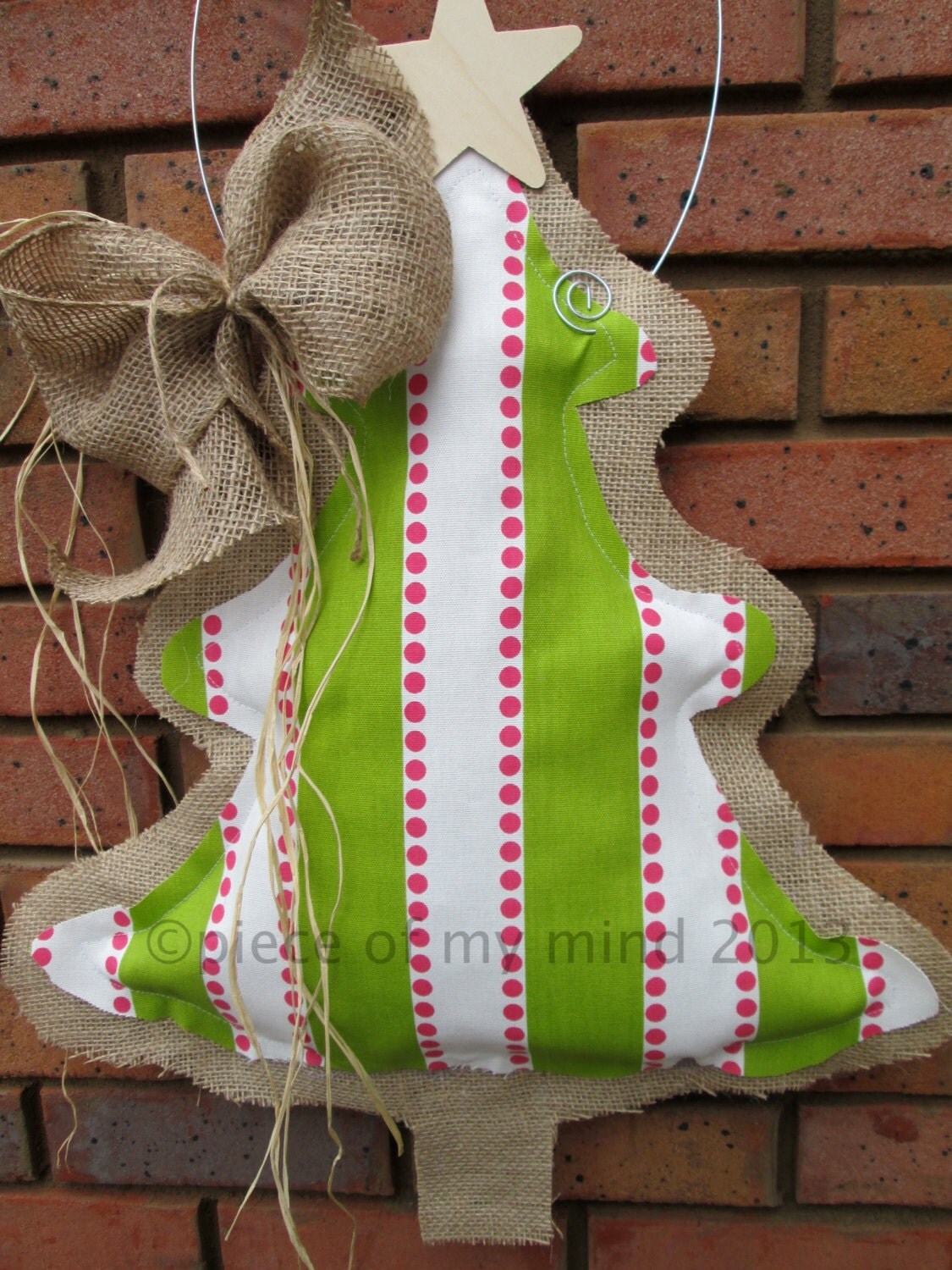 READY TO SHIP Burlap Christmas Tree Hot Pink and Apple Tart Green Fabric Burlap Door Hanger