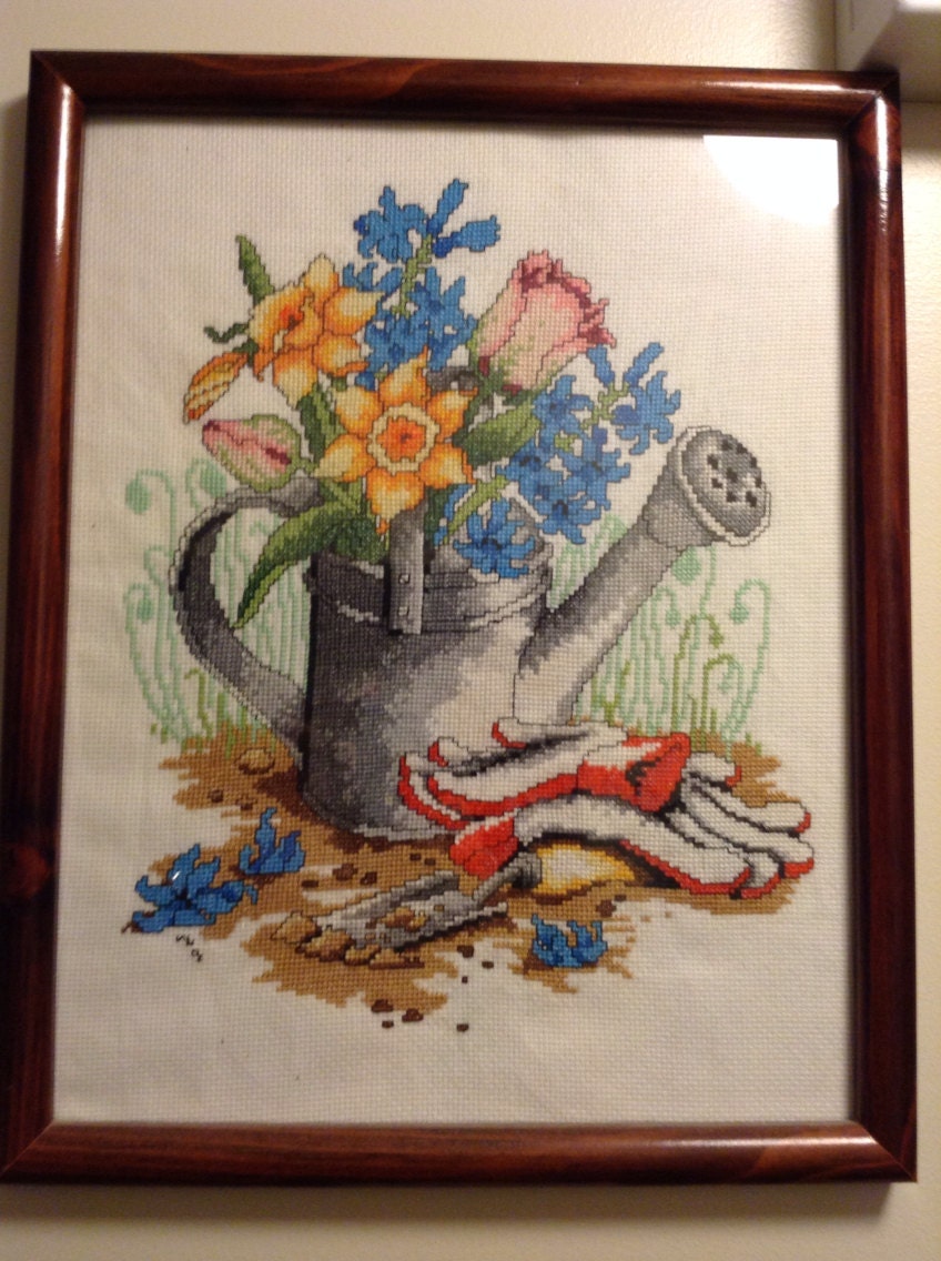 Watering Can completed Cross Stitch