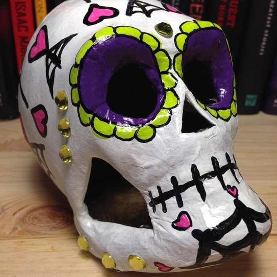 Pink, Purple, and Green Day of the Dead Skull with Hearts