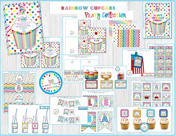 RAINBOW CUPCAKE Party Collection ~ Custom PRINTABLE ~ Bella Bella Studios Il_570xn