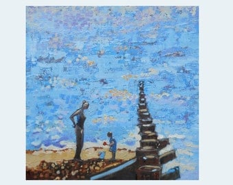 Seaside Oil Painting. Mother and Child. Beach Art 12" x 12". Impasto Impressionist Painting.