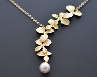 10% OFF, Lariat necklace, Orchid necklace, Pearl necklace, Gold necklace, Wedding necklace, Bridal necklace, Anniversary gift, Mothers gift