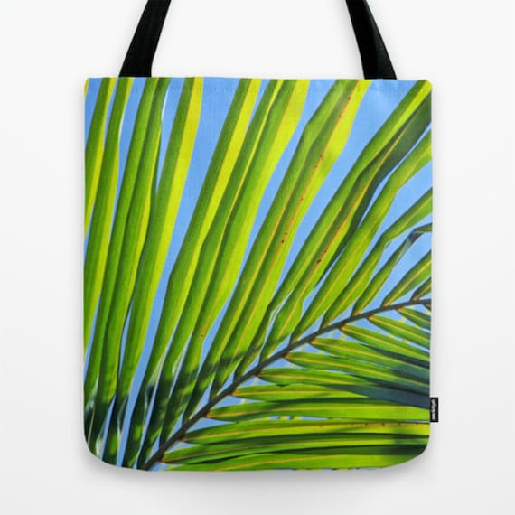 Tropical Tote Bag, Beach Photography, Green Palm Frond, Blue Sky ...