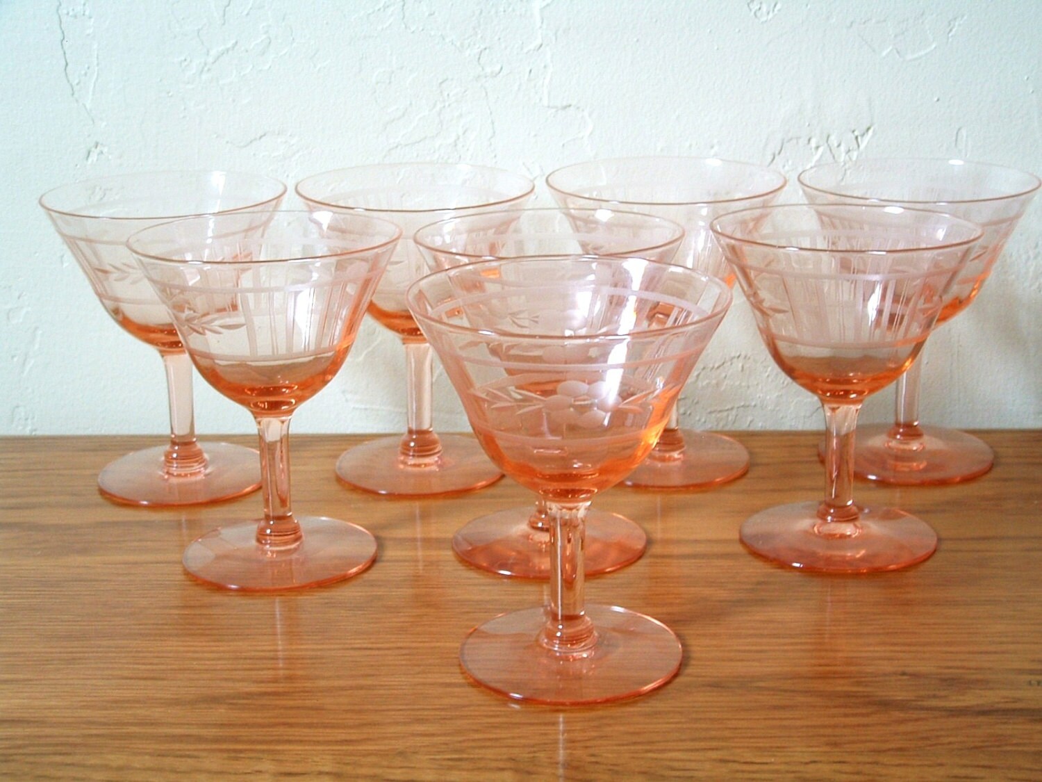 Vintage Pink Champagne Wine Glasses Set of 8 Optic Glasses