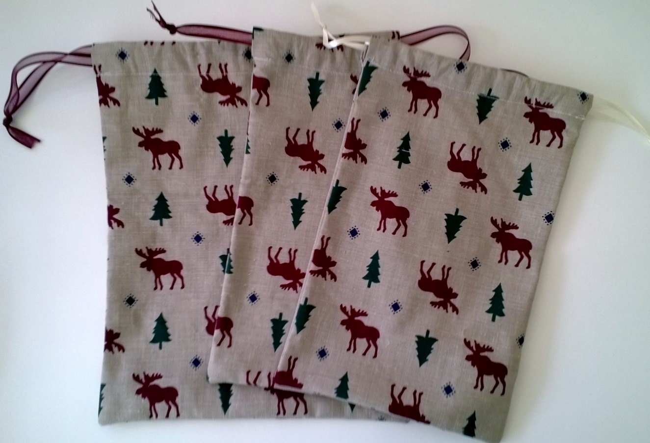 3 Christmas Drawstring Fabric Gift Bags Upcycled Reusable