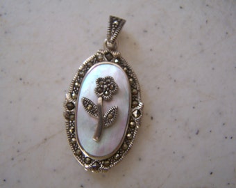 Vintage MARCASITE - STERLING and Mother Of Pearl Flower Pendant .925, sterling silver,