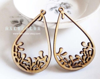 36x55mm Pretty Nature Tear Drop Flower Wooden Charm/Pendant MH258 11
