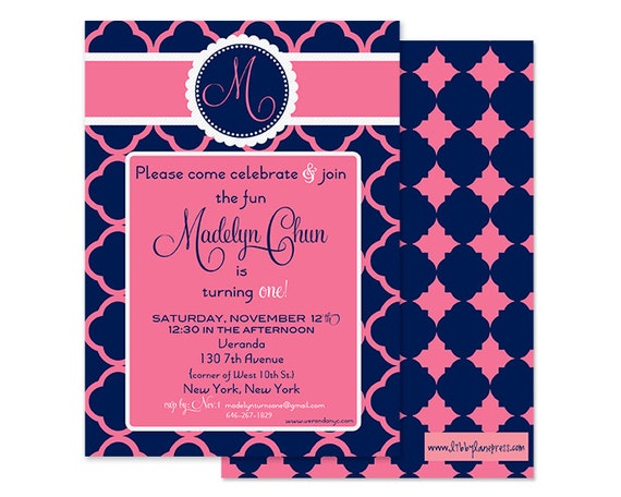PREPPY 1st Birthday Invitation, Pink and Navy, Digital or Professionally Printed Invitation Il_570xn