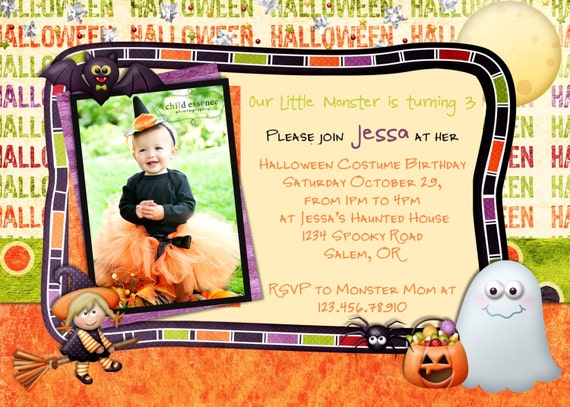 Halloween Birthday Invitation Girl - Printable Custom Photocard Il_570xn