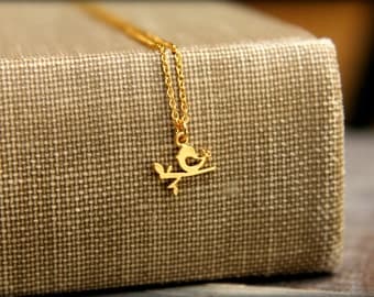 Tiny Bird on a Branch Necklace, Available in Silver or Gold