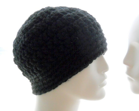 Wool Blend Crocheted Hat Mens Black Bulky Yarn by HatsbyElvee