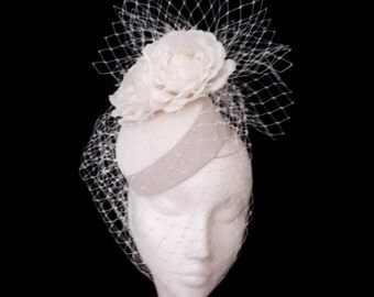 Bridal Pillbox Hat with Birdcage Veil