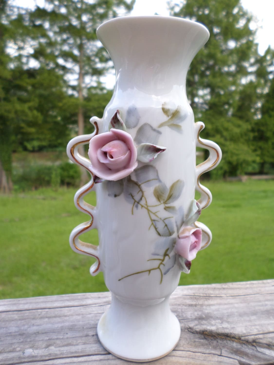 Vintage Porcelain Vase White 7 Pink Flowers Home Decor