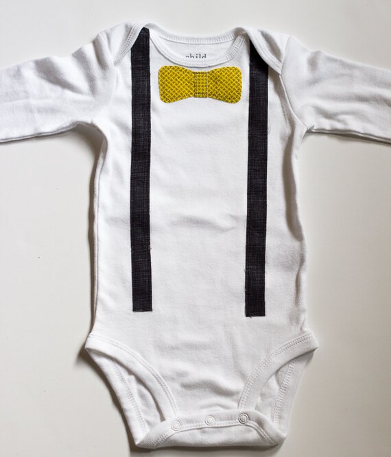 Suspenders and Bowtie Appliqued Onesie Mustard by oliversfancy