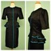 1980s Black Peplum Pinup Dress - 40s 50s Style Rockabilly Shirt Waist Dress with Ruffles Knee Length