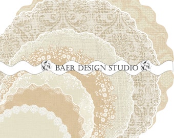 Champagne Burlap and LACE Digital DOILIES:Printable Charger, Ivory Damask Printable Doily, Commercial Use Clip Art, Round Printable Placemat