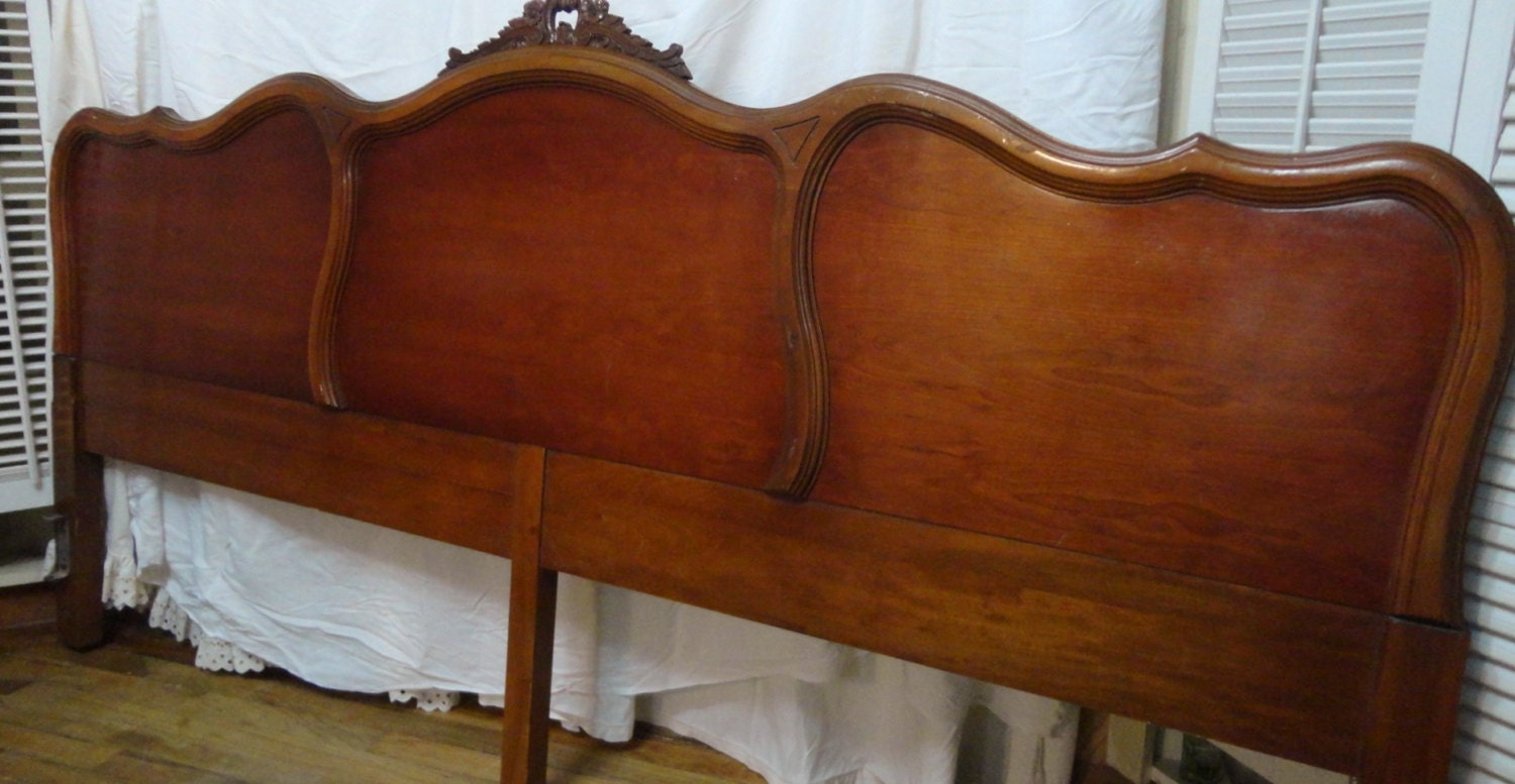 Vintage King headboard Cherry Fruit wood carved 1960s