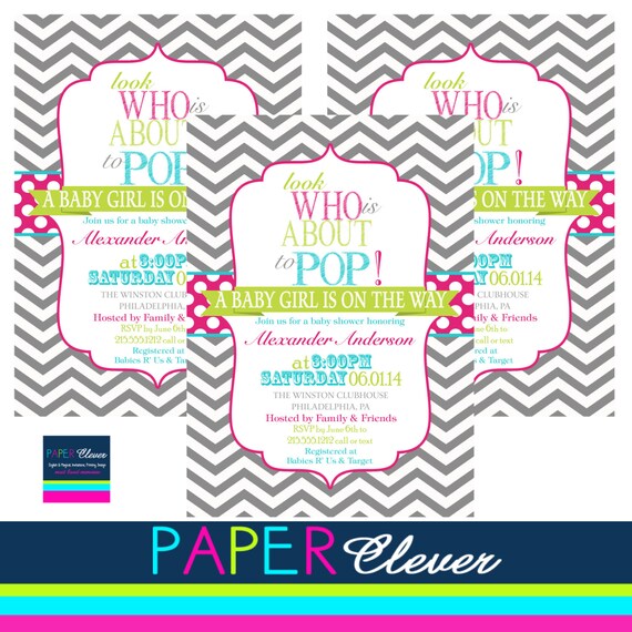 About to pop baby shower Invitation, girl, hot pink, lime - printable, digital file (#141) Il_570xn