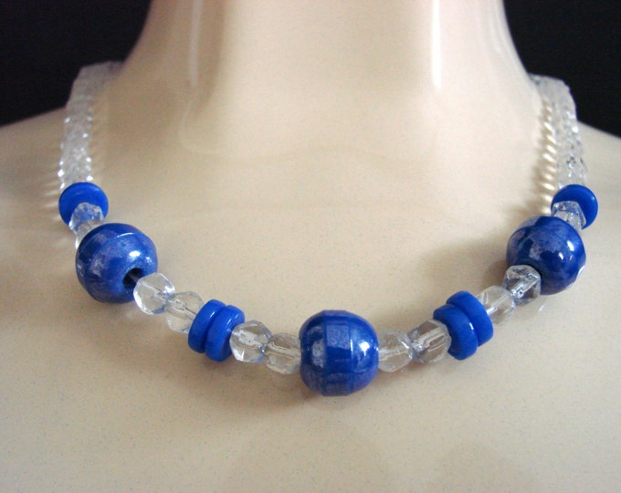 Blue Glass & Crystal Bead Choker Necklace / Periwinkle Blue / Vintage Jewelry / Jewellery
