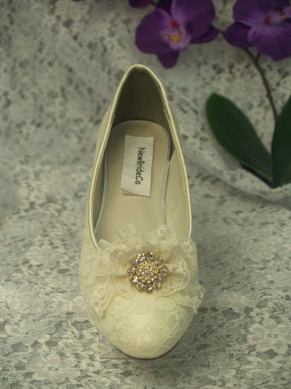 Wedding Ivory Lace shoes almost flat heel with handmade lace