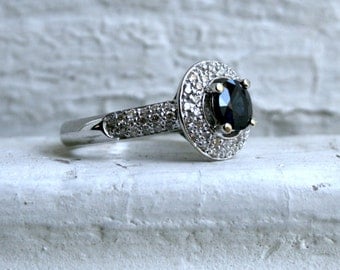 Vintage 14K White Gold Pave Diamond and Sapphire Halo Ring - 1.89ct.
