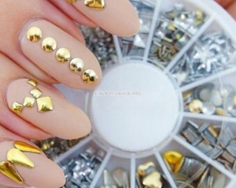 Gold & Silver Box Rivets Nail Art 3D Design Decoration Metallic Studs