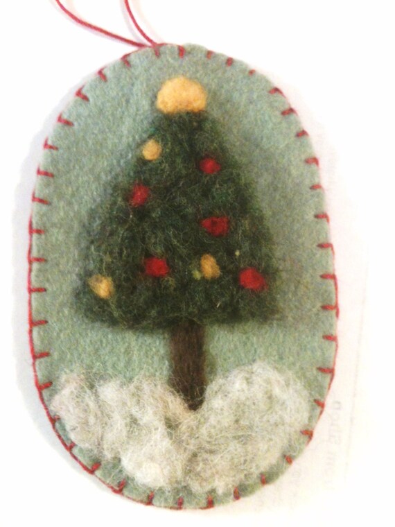 Needle Felted Christmas Tree On Light Green Wool Felt by Sita802