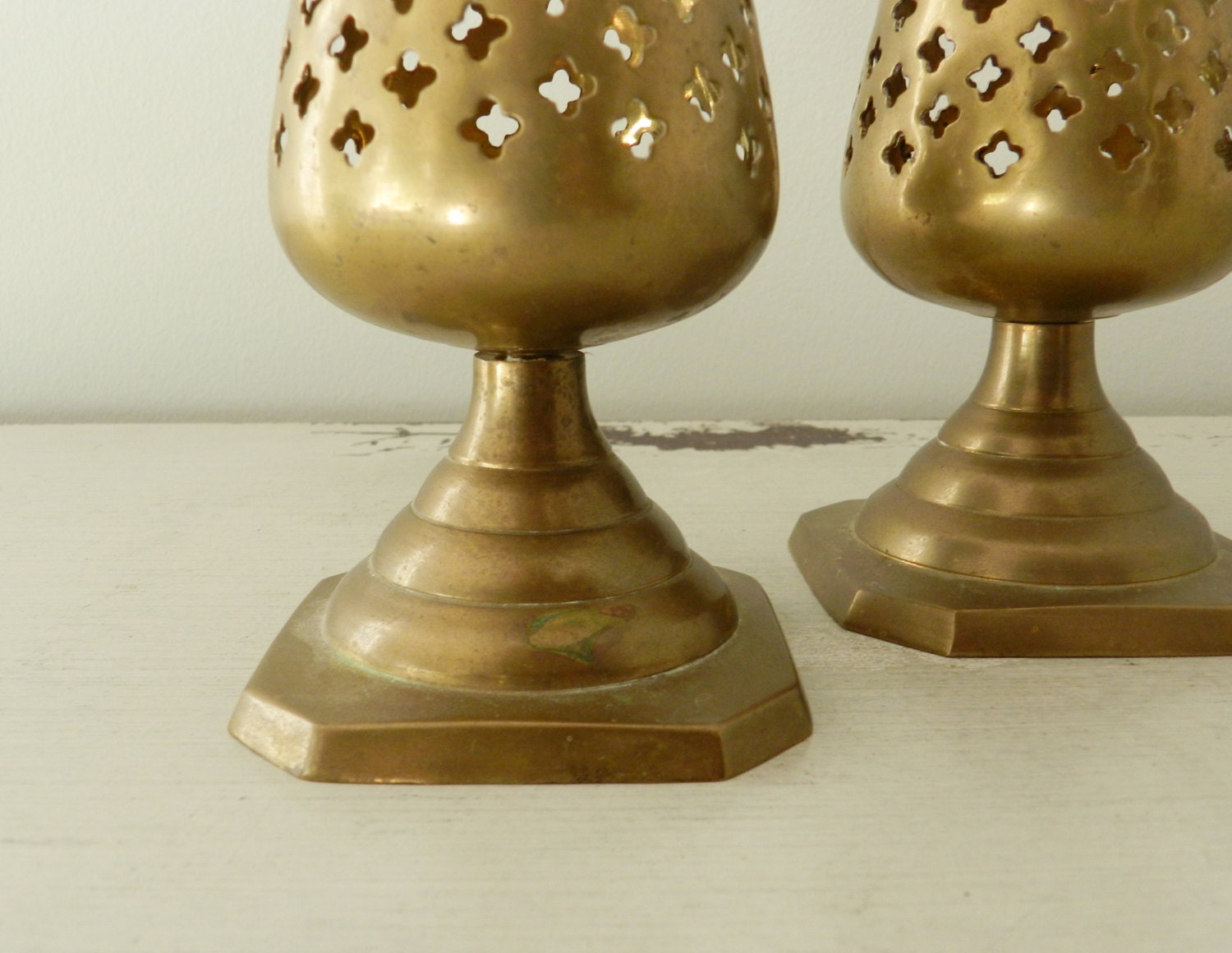 Vintage Brass Votive Candle Holders Pierced Vessel Table Decor 6985