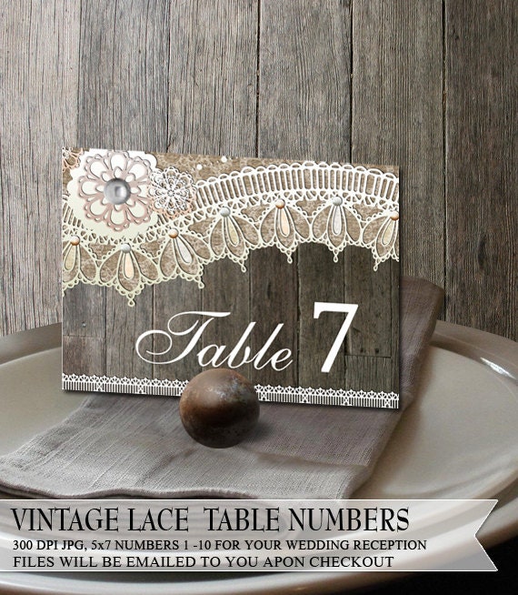 Rustic Wood Lace Wedding Reception Table Numbers by OddLotPaperie