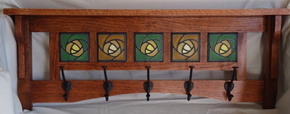 Handmade Mission style coat rack with Art tile