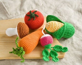 Crochet Baby Rattles Veggies, Set of 5 - mushroom, corn, radish, tomato, carrot - eco friendly crochet toys