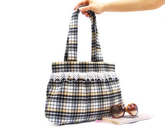 Plaid tote shoulder bag, Cotton Purse, Black Brown, Vintage Style bag, Lace bag, Soft cotton, Hobo Bohemian bag, Bag for mom