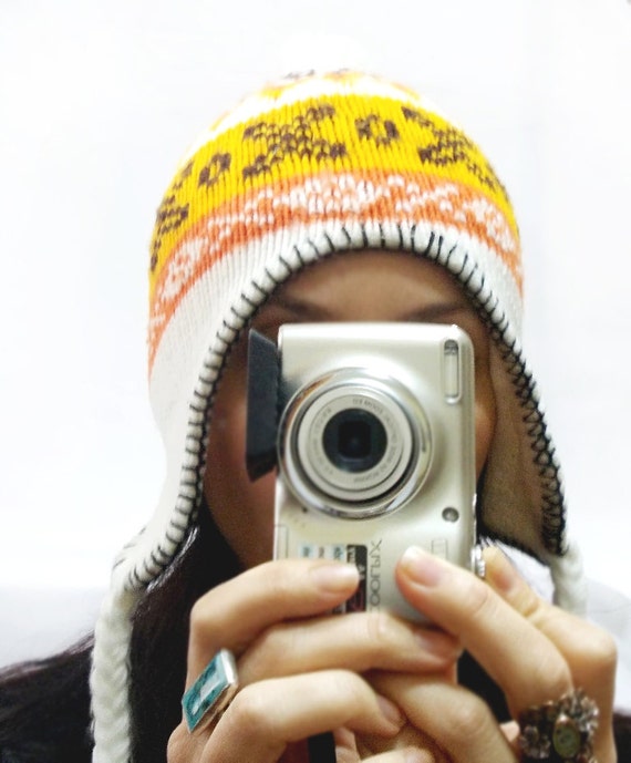 Ear flap hat Knitting hat Cream Orange Ear flap hat by aynikki