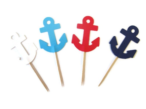 Anchor Picks - Navy, Red, White and Aqua - Nautical Party, Nautical Anchors, Anchor food picks Il_570xn