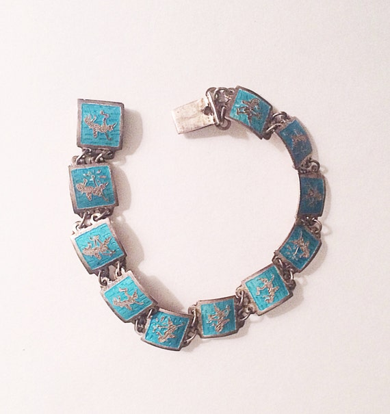 Siam Sterling Bracelet Niello Ware Turquoise Enamel by BebeAndKay