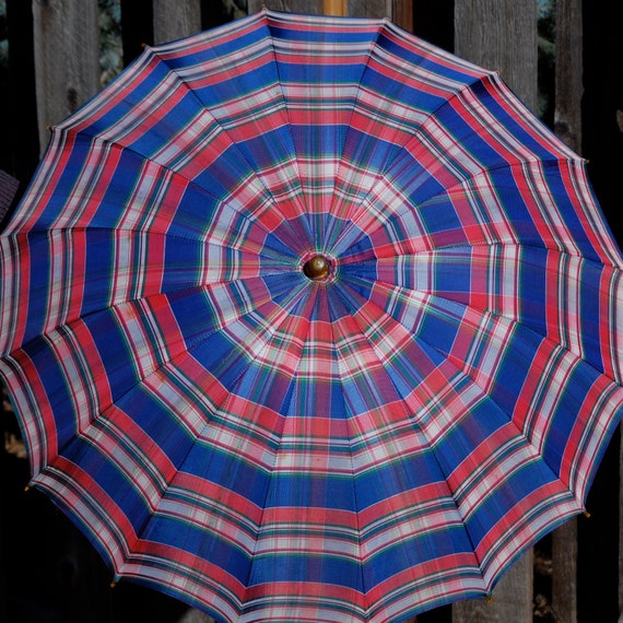 Umbrella Parasol Bakelite Handle Vintage Plaid Bamboo 1940s