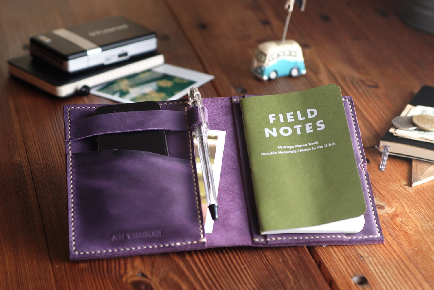 Small Moleskine leather cover. Travel journal cover. Violet