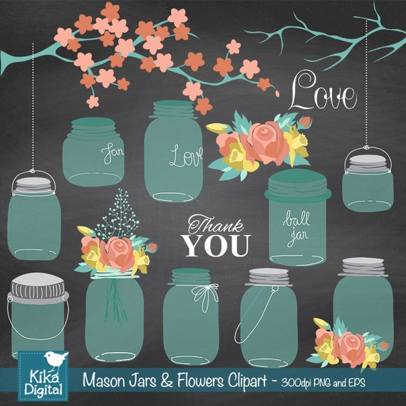 Mason Jars and Flowers clipart Wedding clipart Chalkboard