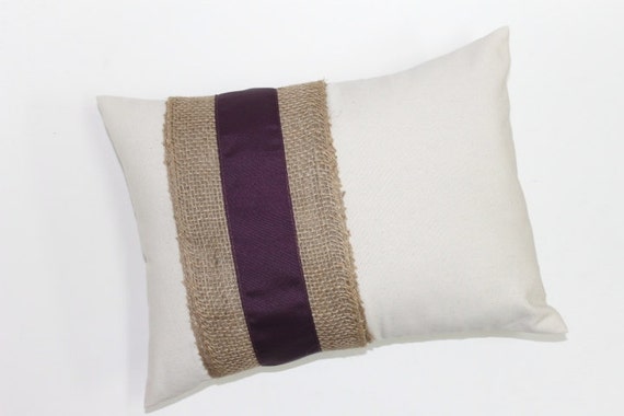 Items similar to PILLOW, PILLOW COVER. Plum ribbon on Burlap pillow cover Decorative lumbar ...