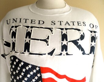 Go U.S.A. vintage 90's United States of America puffy print white fleece red white blue US flag graphic sweatshirt crew neck made in usa xl