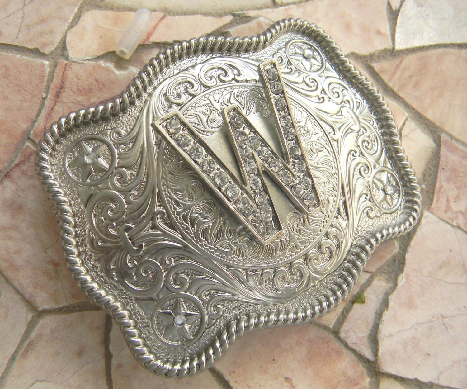 Monogram Letter W Personalized Silver Belt Buckle Rhinestone