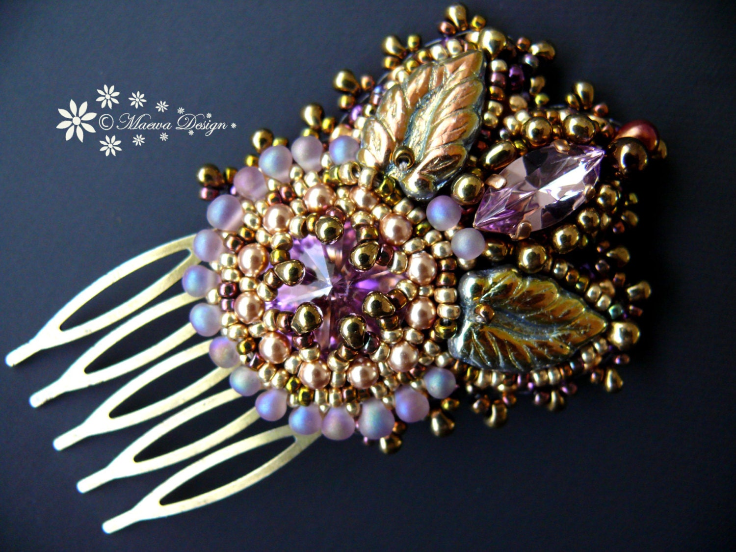 Bead embroidered crystal Hair COMB Beadwork seed by MaewaDesign