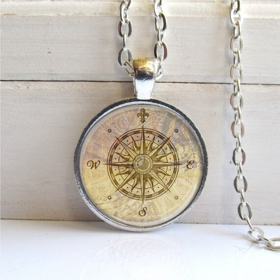 Vintage Rose Compass Art Pendant Unique Collage by ShimmerCreek