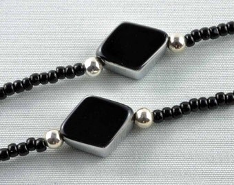 Black beaded eyeglasses chain with black and silver diamond accents