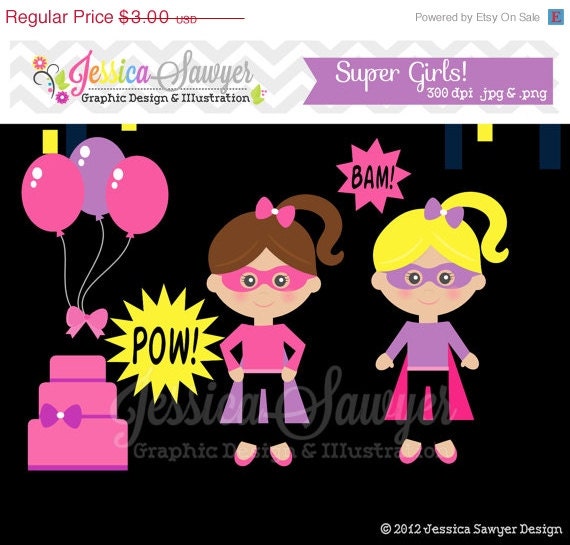 50% OFF - INSTANT DOWNLOAD, girls super hero birthday clip art for personal and commercial use, scrapbooking, blog design Il_570xn