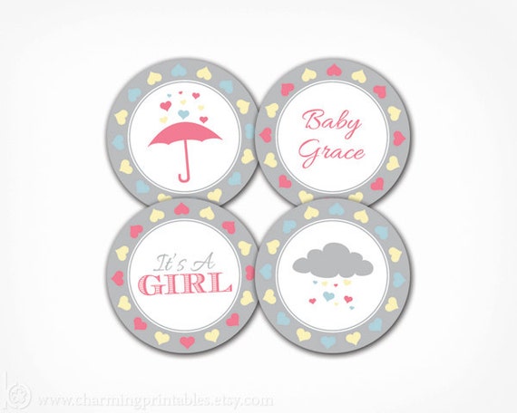 Rain Shower Baby Shower Cupcake Toppers - Baby Girl - PRINTABLE Party Circles- DIY Digital File - Rain Shower Collection Il_570xn
