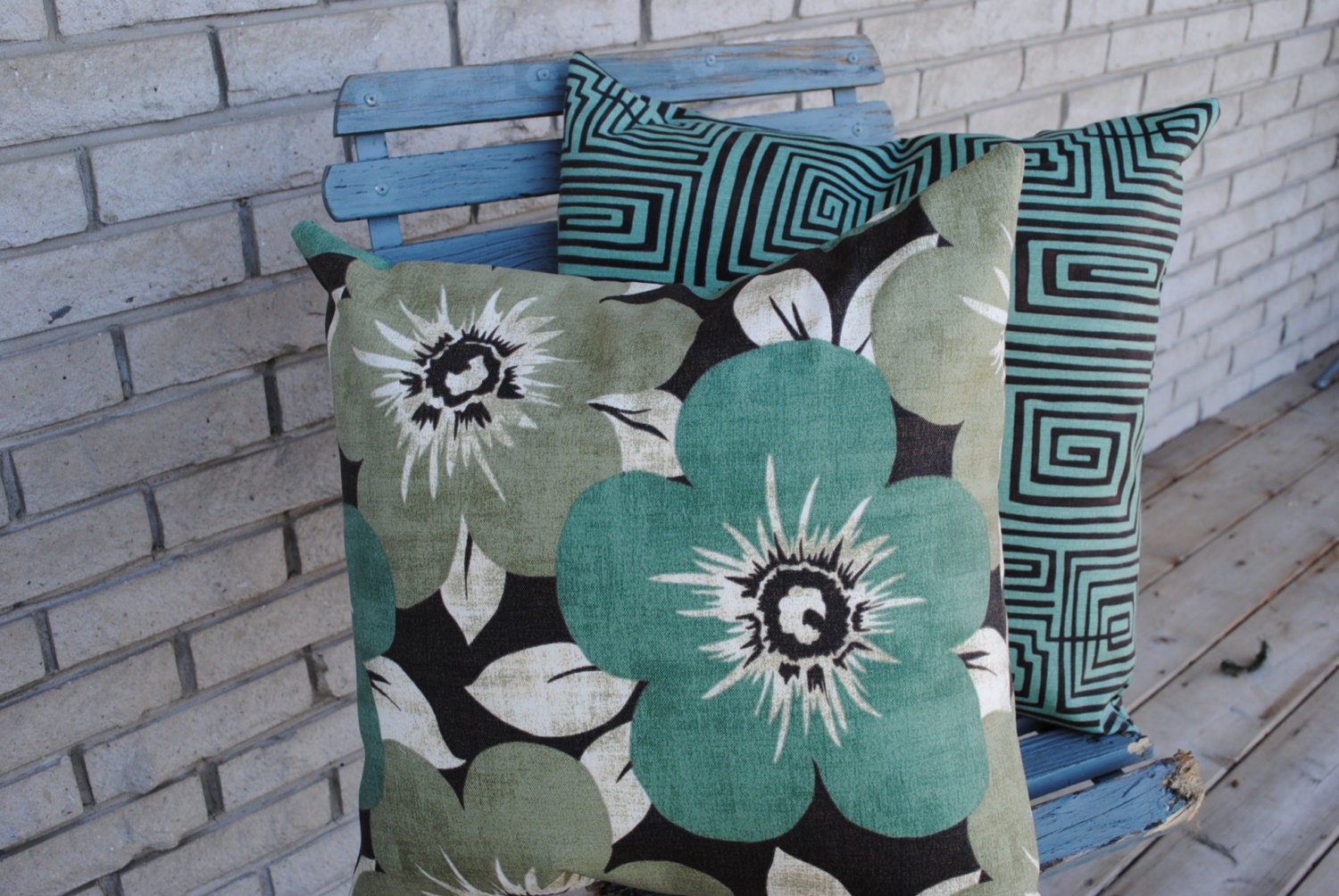 Outdoor Fabric Pillow Cover sage green and teal by simplyshades