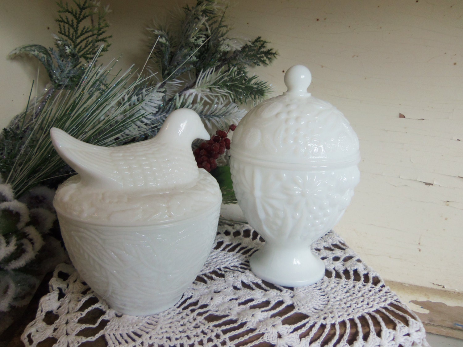 2 Vintage White or Milk Glass Lidded Avon Trinket Boxes Candle