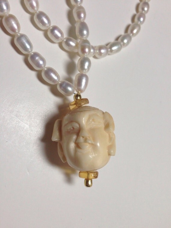 Sale Extra Long Pearl Necklace With Funny Face Carved Bead 