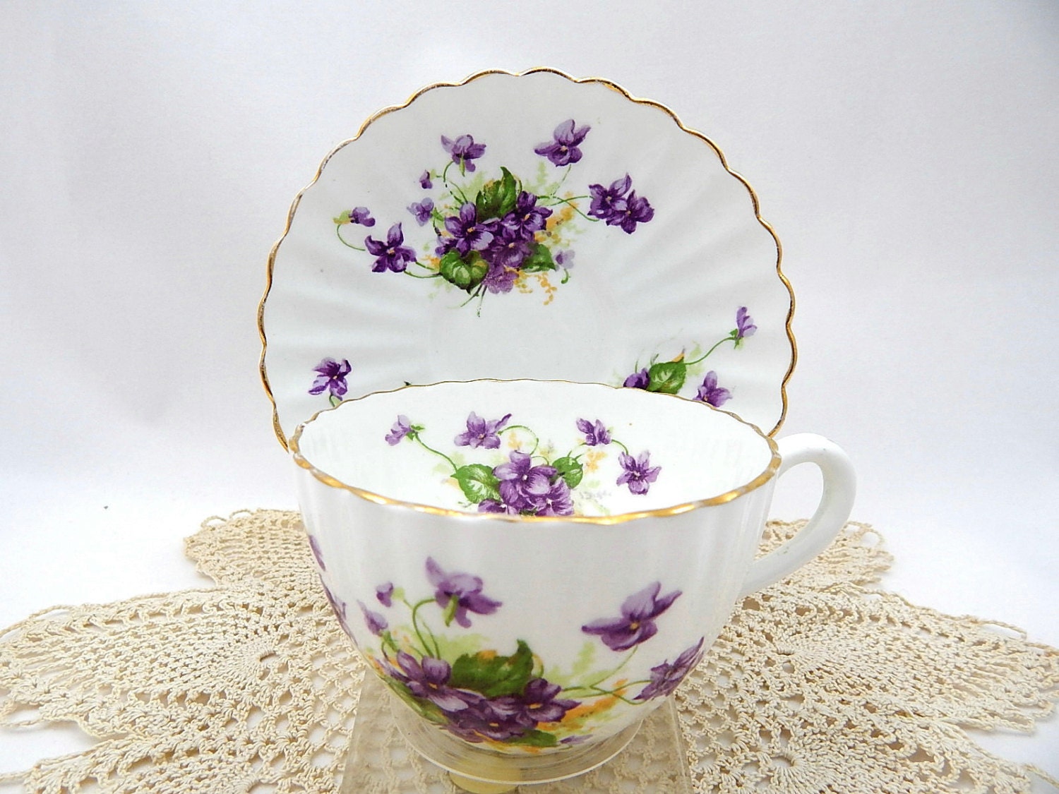 Vintage Teacup and Saucer Set Purple Violets Haute Juice